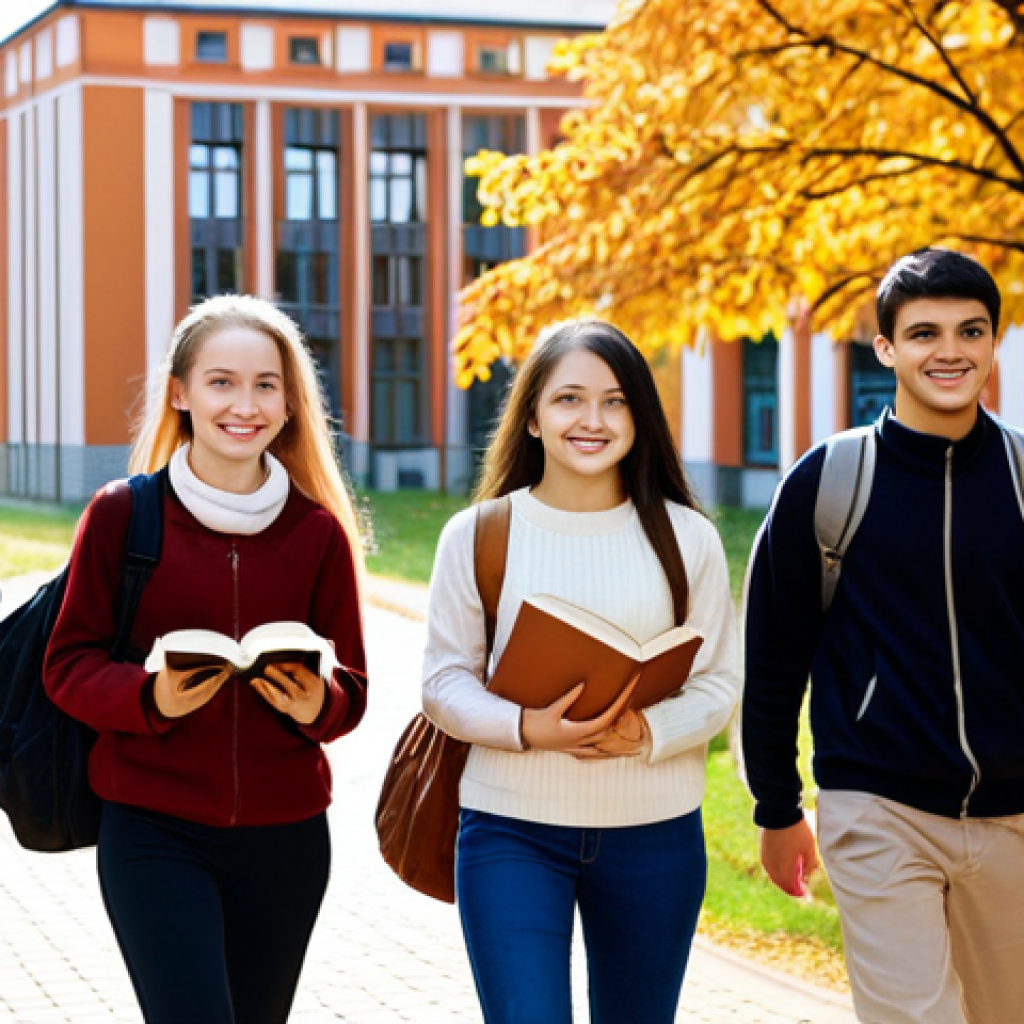 **A diverse group of international students smiling and walking on a Belarusian university campus in autumn, carrying books, with the university's main building in the background. Focus on warmth and inclusivity.**