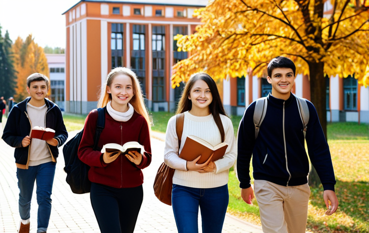 **A diverse group of international students smiling and walking on a Belarusian university campus in autumn, carrying books, with the university's main building in the background. Focus on warmth and inclusivity.**