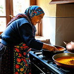 Cozy Turkish Kitchen Scene**

"A warm and inviting kitchen scene in a traditional Turkish home. An elderly Turkish woman, fully clothed in a floral print dress and headscarf, is stirring a large pot on a gas stove. The kitchen is filled with copper pots and pans, colorful ceramics, and jars of spices. Sunlight streams through a window overlooking a garden. safe for work, appropriate content, fully clothed, professional photography, perfect anatomy, natural proportions, family-friendly, modest setting."

**
