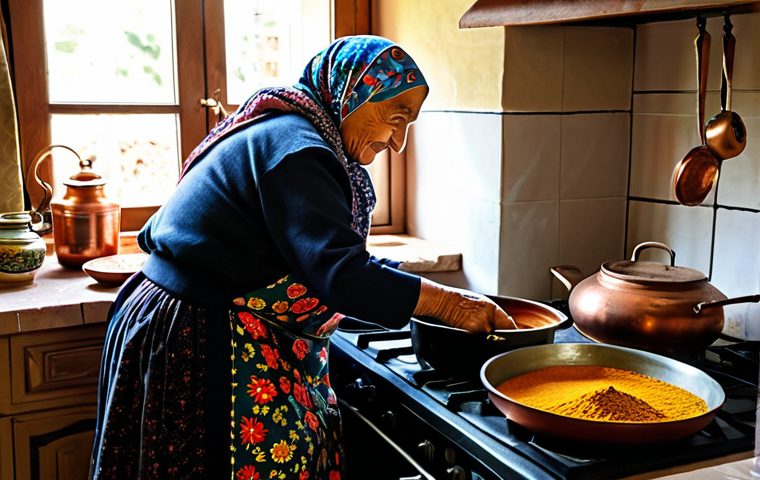 Cozy Turkish Kitchen Scene**

"A warm and inviting kitchen scene in a traditional Turkish home. An elderly Turkish woman, fully clothed in a floral print dress and headscarf, is stirring a large pot on a gas stove. The kitchen is filled with copper pots and pans, colorful ceramics, and jars of spices. Sunlight streams through a window overlooking a garden. safe for work, appropriate content, fully clothed, professional photography, perfect anatomy, natural proportions, family-friendly, modest setting."

**