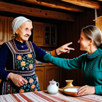 **

"A cozy kitchen scene, an older woman in a modest floral dress instructing a younger woman in a sweater, both pointing at a wooden table. A scattering of salt is visible. Background: a traditional Belarusian home interior, fully clothed, appropriate attire, safe for work, family-friendly, perfect anatomy, natural proportions, professional illustration, high quality.  Emphasize a feeling of warmth and familial tradition. No alcohol or suggestive content."

**