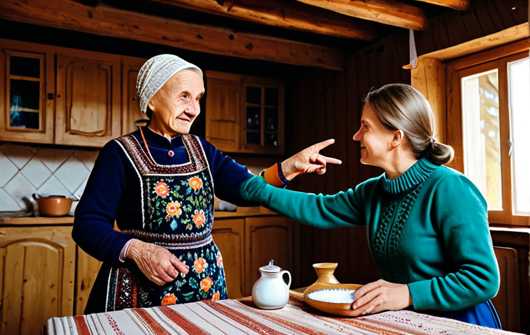 **

"A cozy kitchen scene, an older woman in a modest floral dress instructing a younger woman in a sweater, both pointing at a wooden table. A scattering of salt is visible. Background: a traditional Belarusian home interior, fully clothed, appropriate attire, safe for work, family-friendly, perfect anatomy, natural proportions, professional illustration, high quality.  Emphasize a feeling of warmth and familial tradition. No alcohol or suggestive content."

**