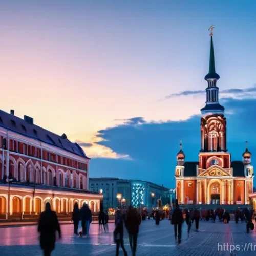 Home 21 벨라루스 관광지 추천 - A vibrant evening scene at Independence Square in Minsk, showcasing the architectural grandeur of th...